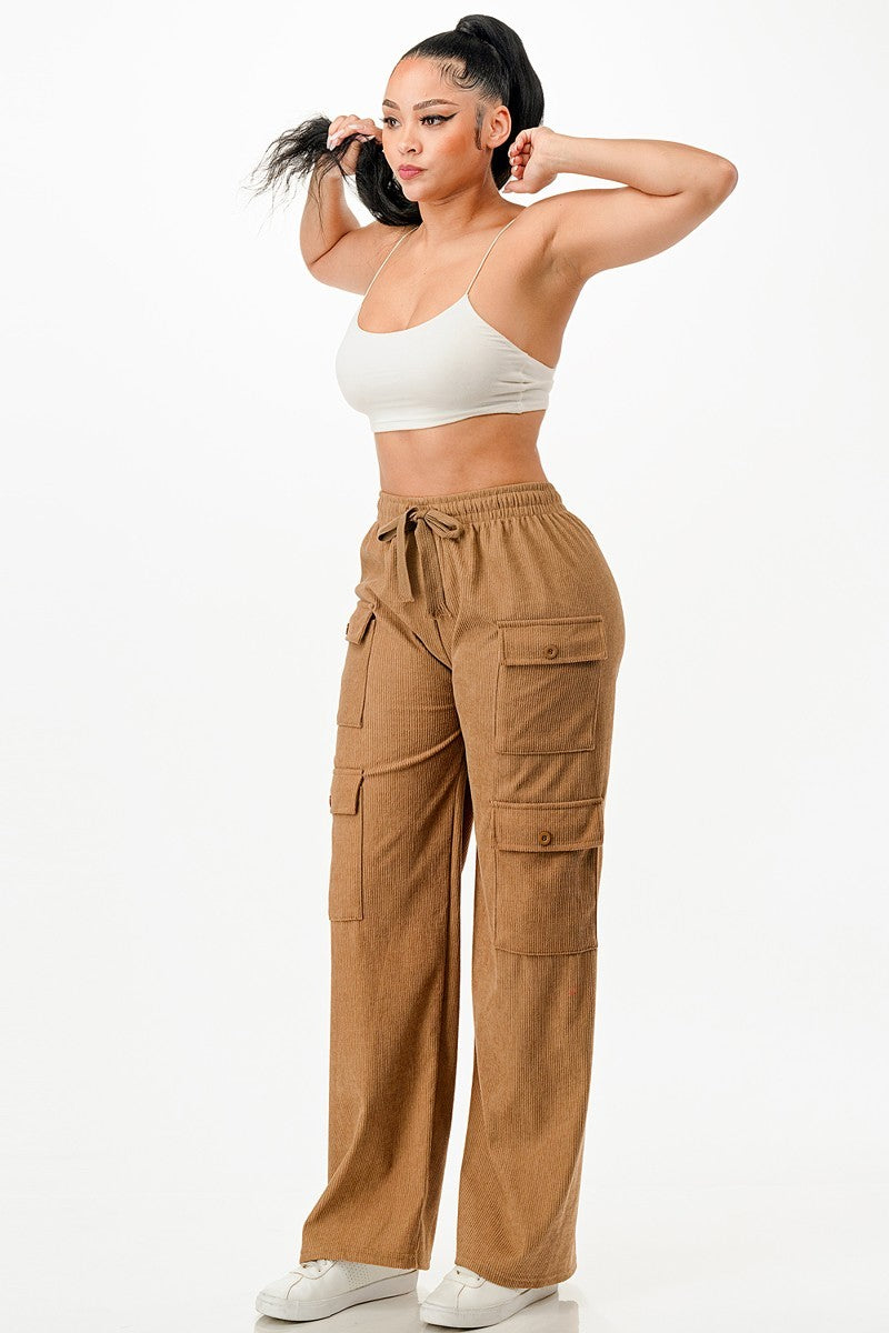 Women's Corduroy Cargo Pants Wide Straight Cut Leg Elastic Waist Band Soft Solid