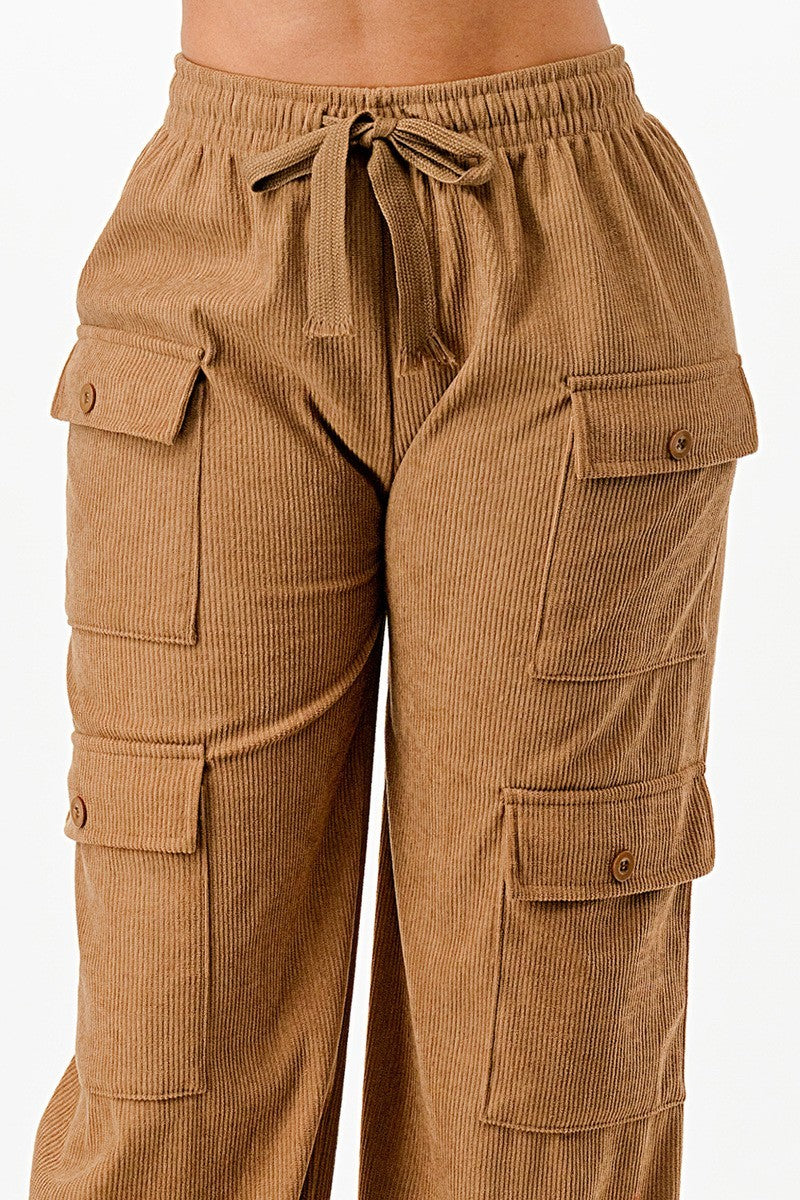 Women's Corduroy Cargo Pants Wide Straight Cut Leg Elastic Waist Band Soft Solid