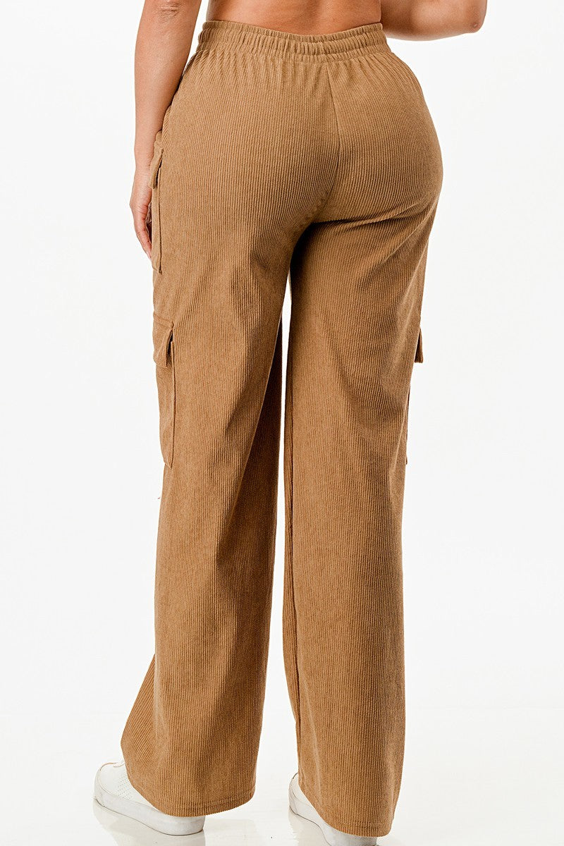 Women's Corduroy Cargo Pants Wide Straight Cut Leg Elastic Waist Band Soft Solid