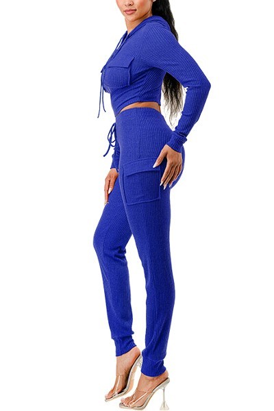Women Rib Cargo Pants Cropped Top Hoodie Set Zip Up Pockets Loungwear Tracksuit