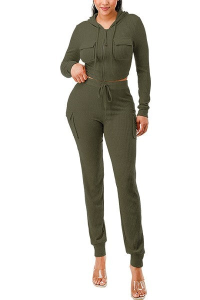 Women Rib Cargo Pants Cropped Top Hoodie Set Zip Up Pockets Loungwear Tracksuit