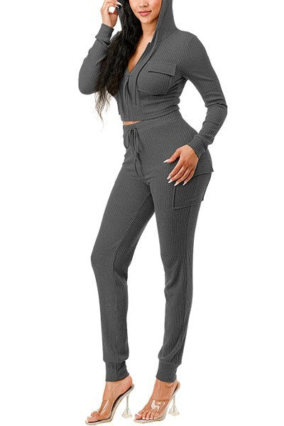 Women Rib Cargo Pants Cropped Top Hoodie Set Zip Up Pockets Loungwear Tracksuit