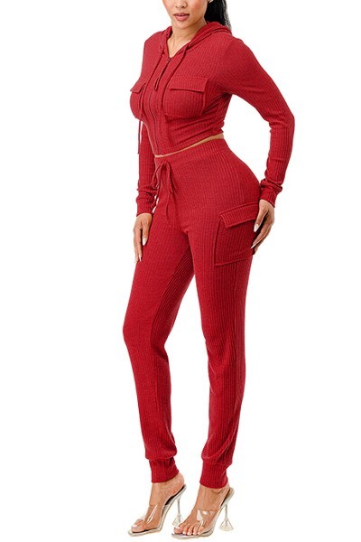 Women Rib Cargo Pants Cropped Top Hoodie Set Zip Up Pockets Loungwear Tracksuit