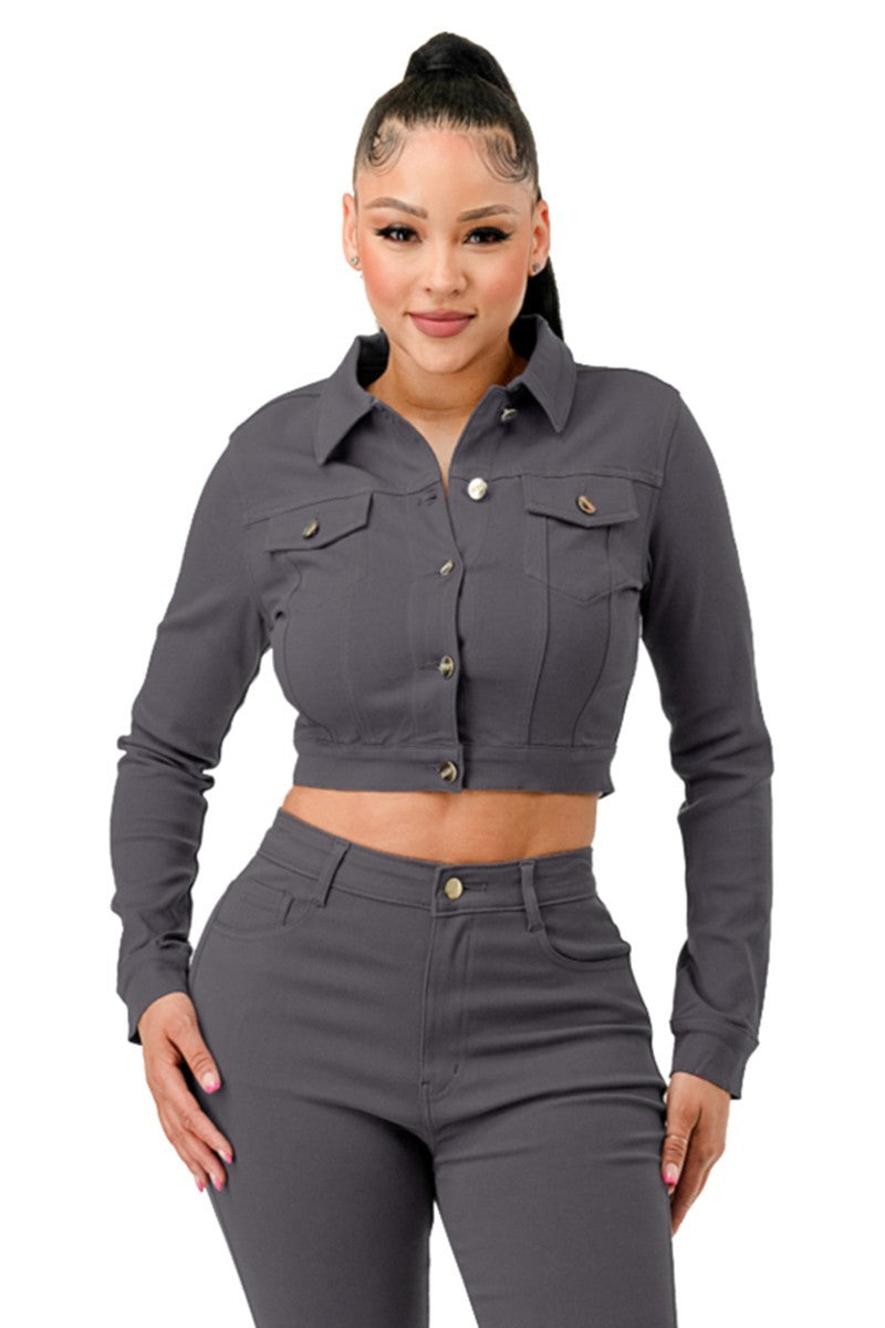 Women Super Stretchy Cropped Jacket Collar Long Sleeve Button Down Rider Casual