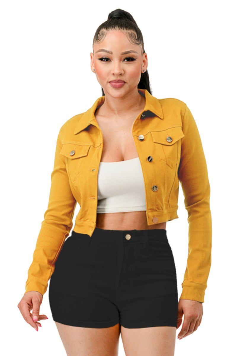 Women Super Stretchy Cropped Jacket Collar Long Sleeve Button Down Rider Casual