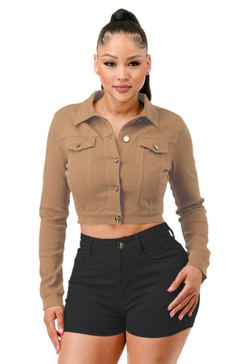 Women Super Stretchy Cropped Jacket Collar Long Sleeve Button Down Rider Casual