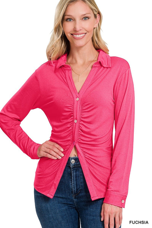 Women's Stretchy Ruched Shirt Button Down Long Sleeve Top - Fuchsia