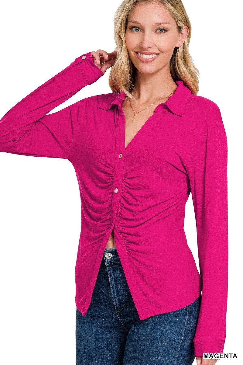 Women's Stretchy Ruched Shirt Button Down Long Sleeve Top - Magenta