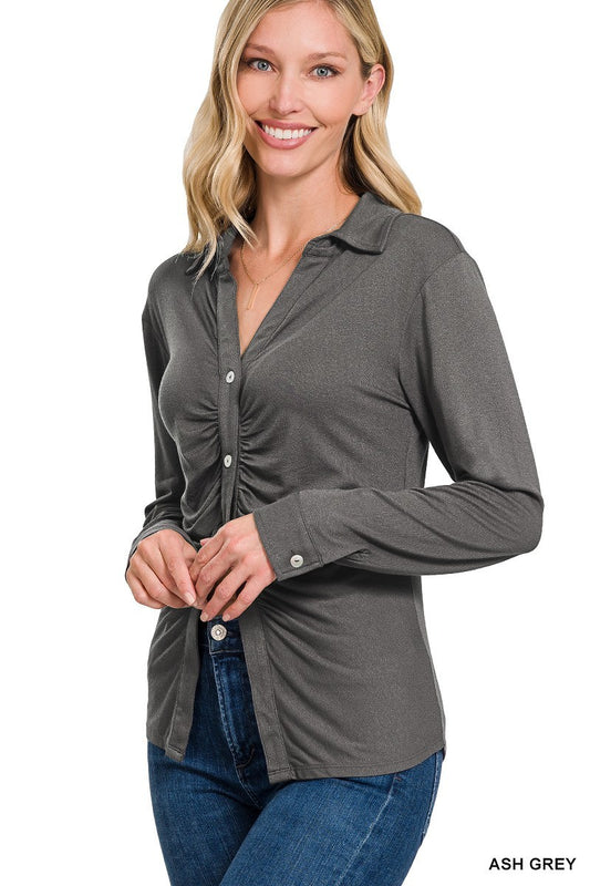 Women's Stretchy Ruched Shirt Button Down Long Sleeve Top - Ash Grey