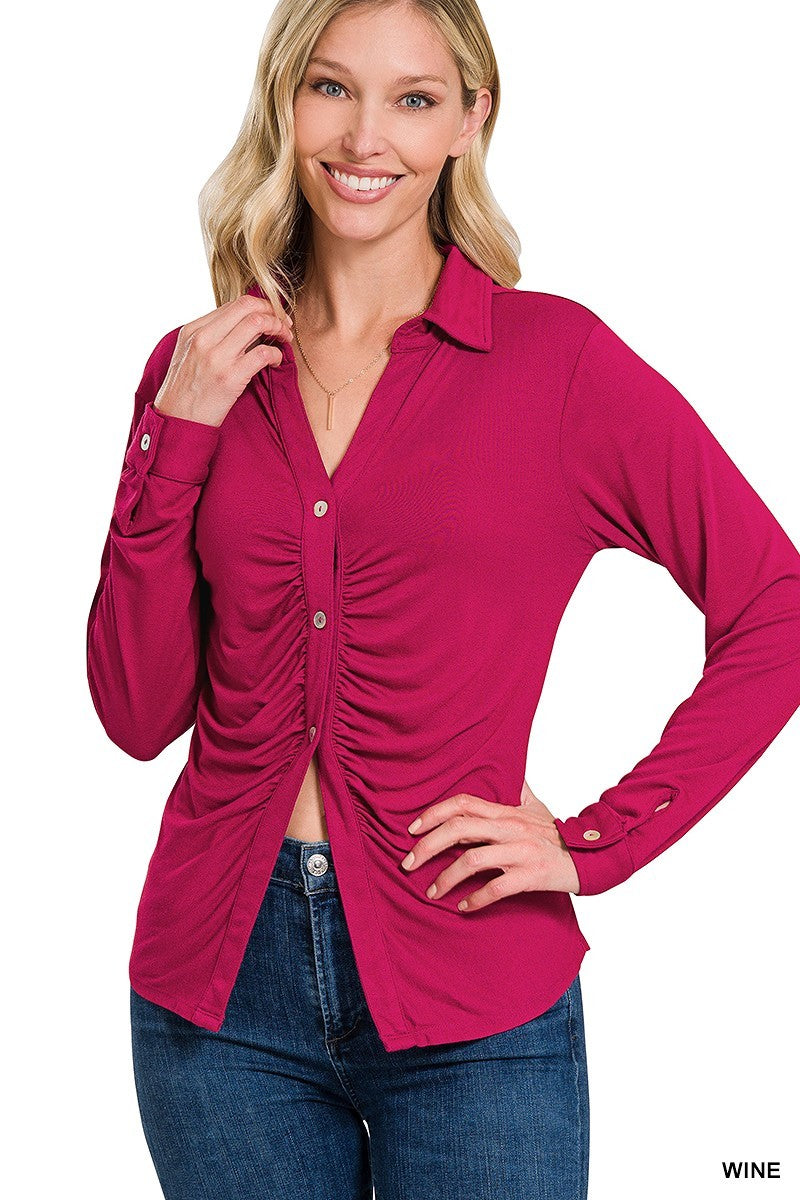 Women's Stretchy Ruched Shirt Button Down Long Sleeve Top - Wine Red