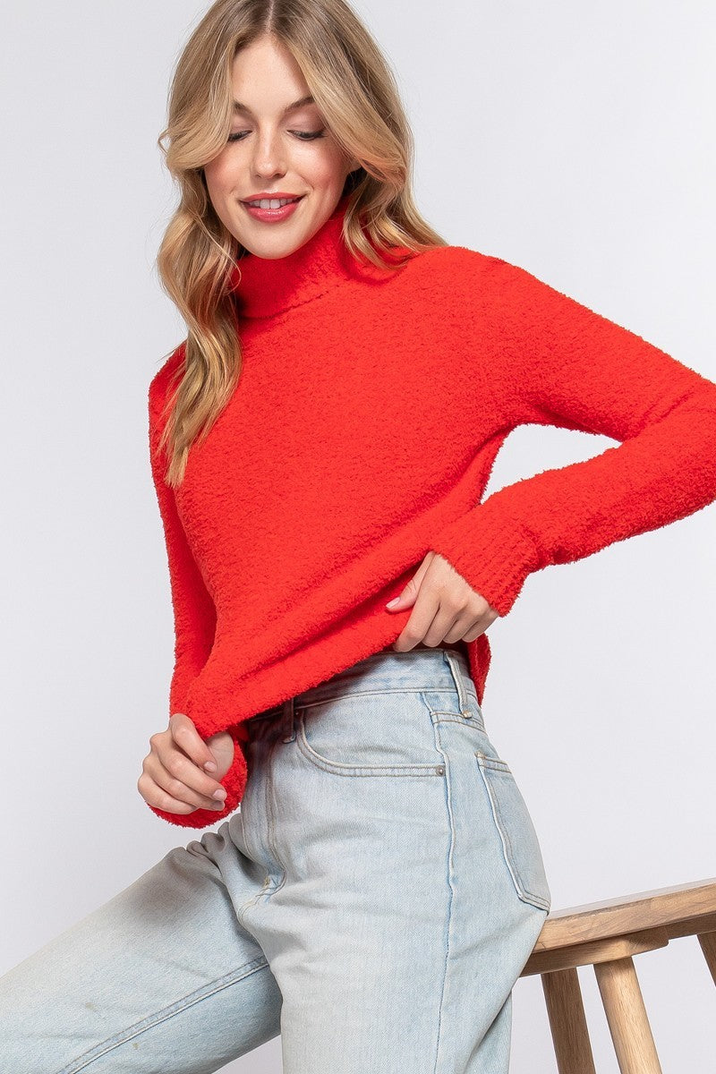 Women's Long Sleeve Turtle Neck Fluffy Sweater Top - Orange
