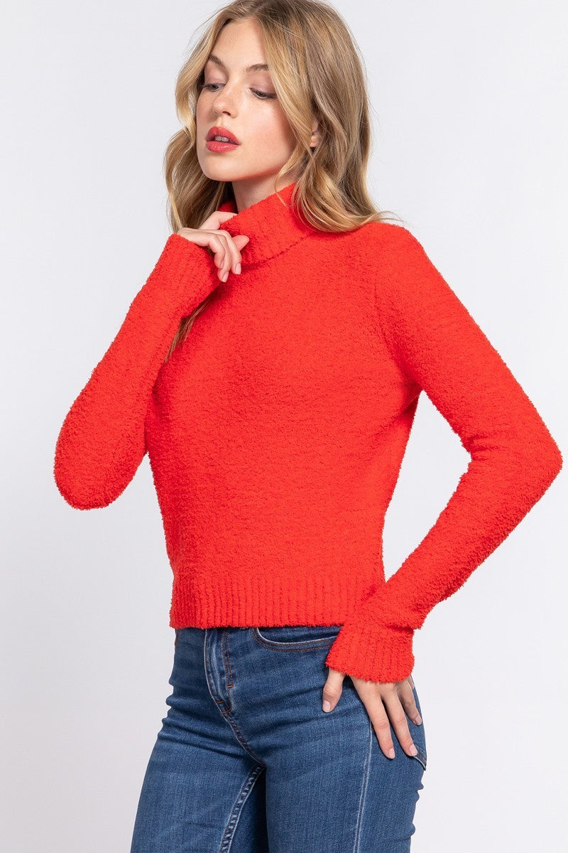 Women's Long Sleeve Turtle Neck Fluffy Sweater Top - Orange