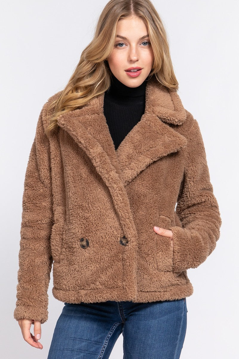 Women's Faux Fur Notched Collar Sherpa Fleece Jacket Warm Outerwear Coat Pockets