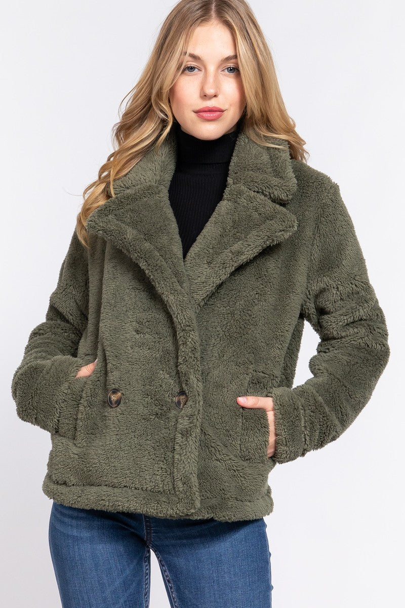 Women's Faux Fur Notched Collar Sherpa Fleece Jacket Warm Outerwear Coat Pockets