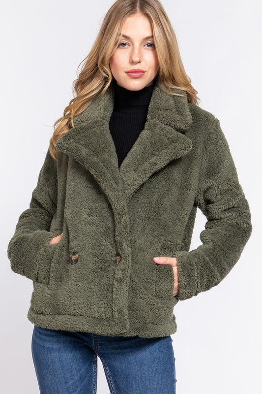 Women's Faux Fur Notched Collar Sherpa Fleece Jacket Warm Outerwear Coat Pockets