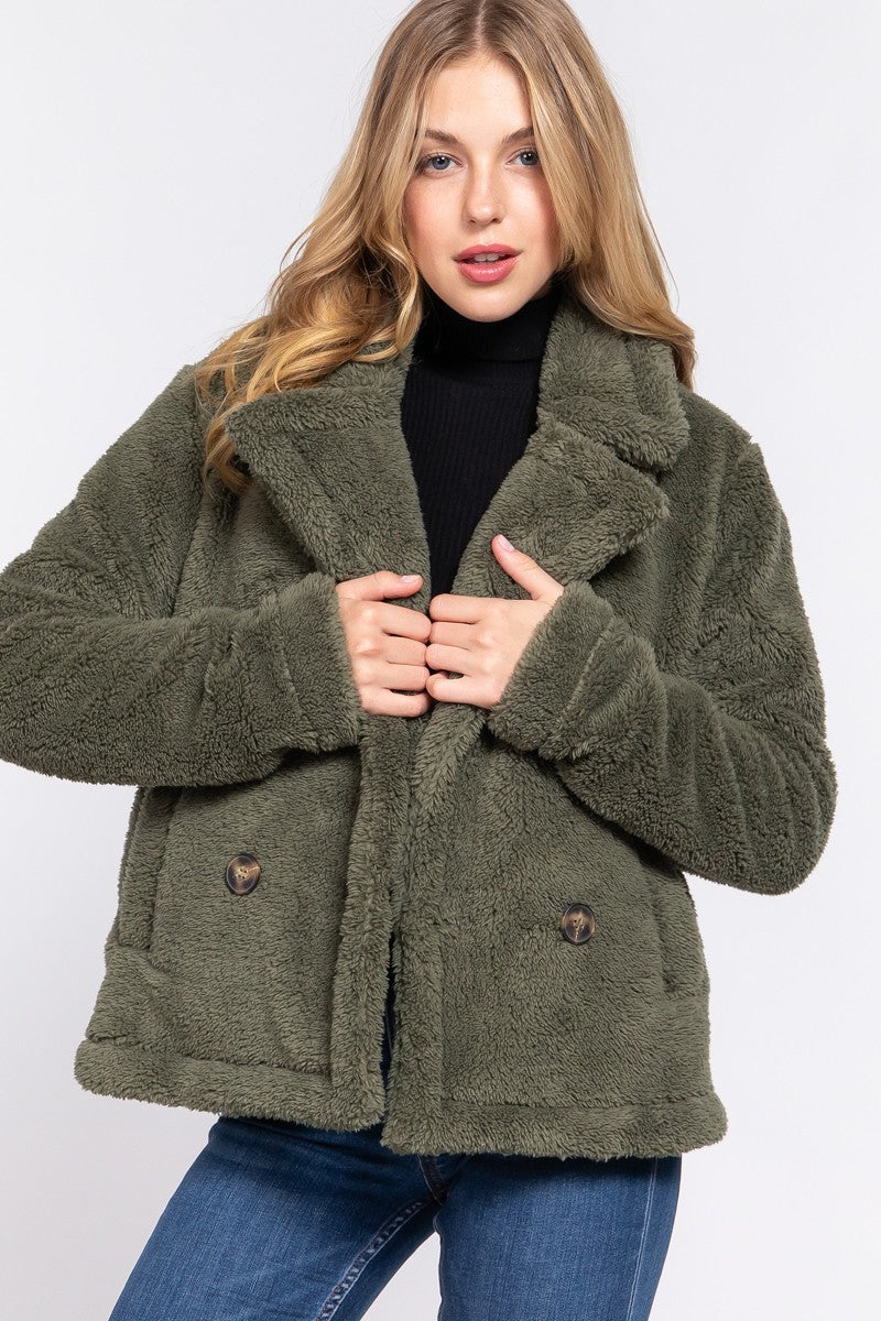 Women's Faux Fur Notched Collar Sherpa Fleece Jacket Warm Outerwear Coat Pockets