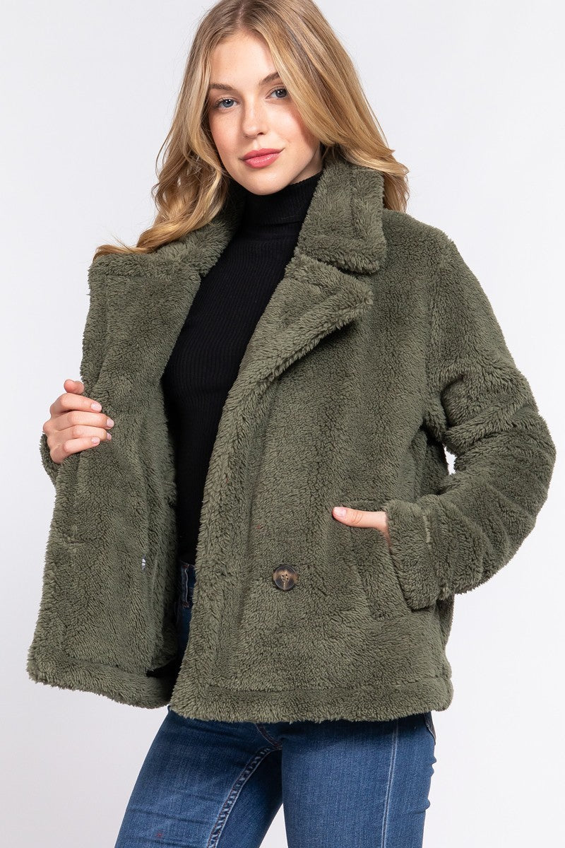 Women's Faux Fur Notched Collar Sherpa Fleece Jacket Warm Outerwear Coat Pockets