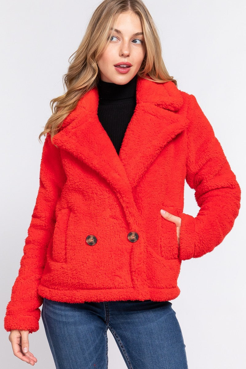 Women's Faux Fur Notched Collar Sherpa Fleece Jacket Warm Outerwear Coat Pockets