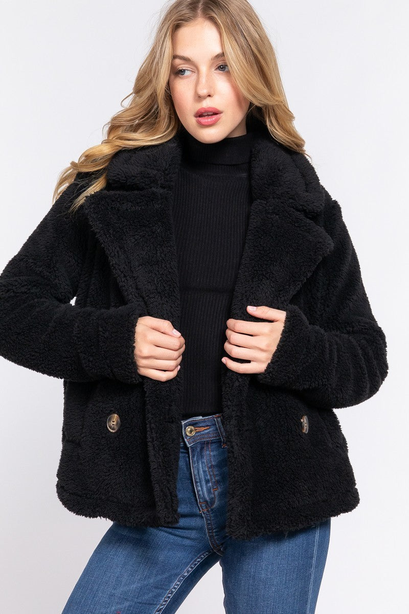 Women's Faux Fur Notched Collar Sherpa Fleece Jacket Warm Outerwear Coat Pockets