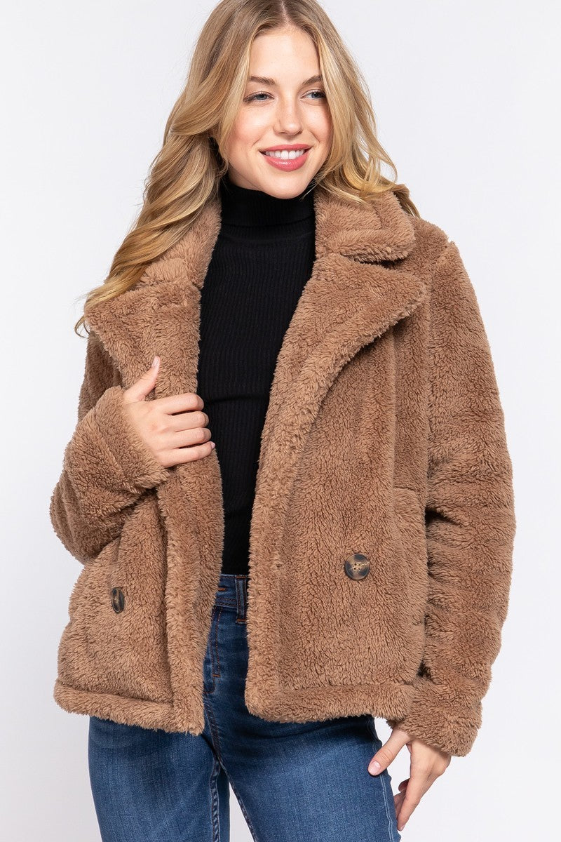 Women's Faux Fur Notched Collar Sherpa Fleece Jacket Warm Outerwear Coat Pockets