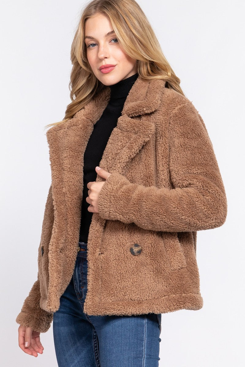 Women's Faux Fur Notched Collar Sherpa Fleece Jacket Warm Outerwear Coat Pockets
