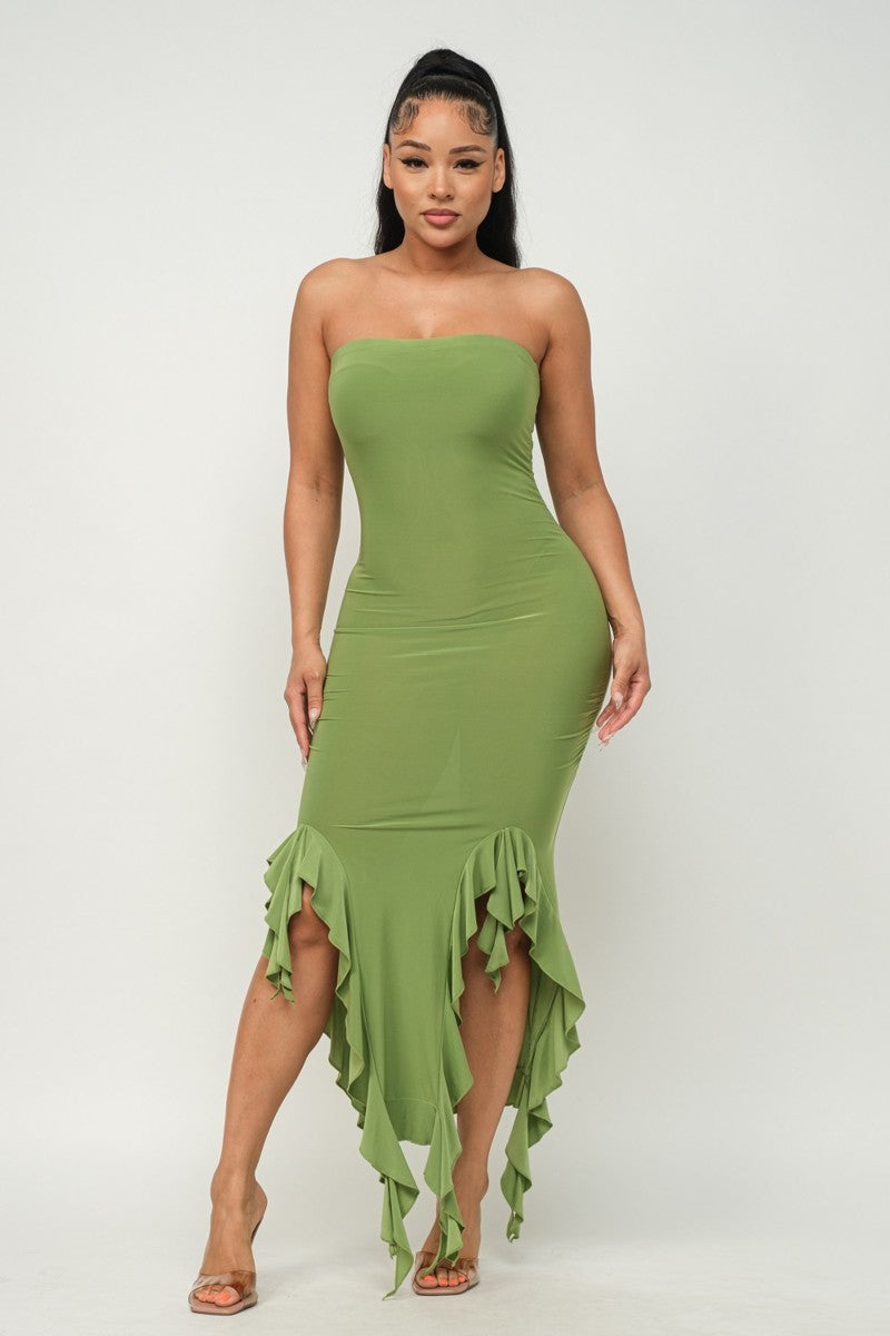 Women's Bodycon Strapless Solid Bottom Ruffle Trim Hem Slit Tube Maxi Club Dress