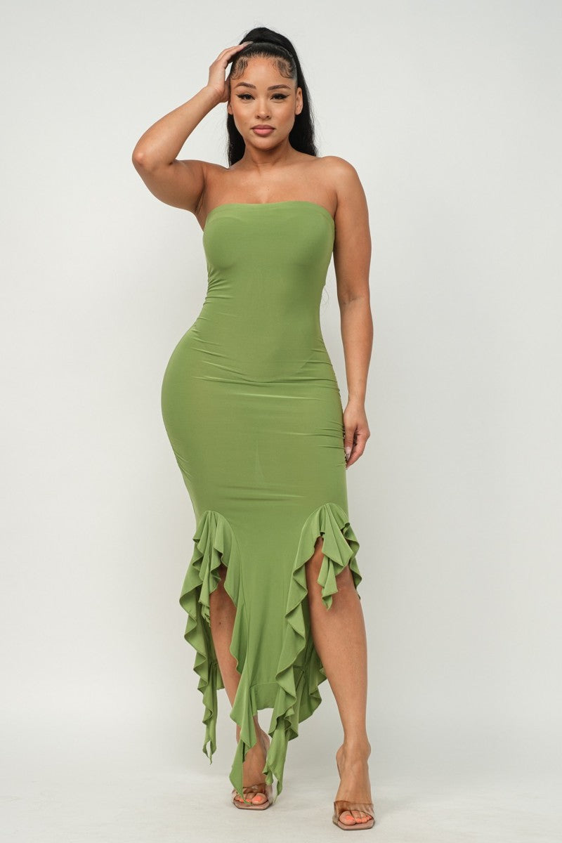Women's Bodycon Strapless Solid Bottom Ruffle Trim Hem Slit Tube Maxi Club Dress