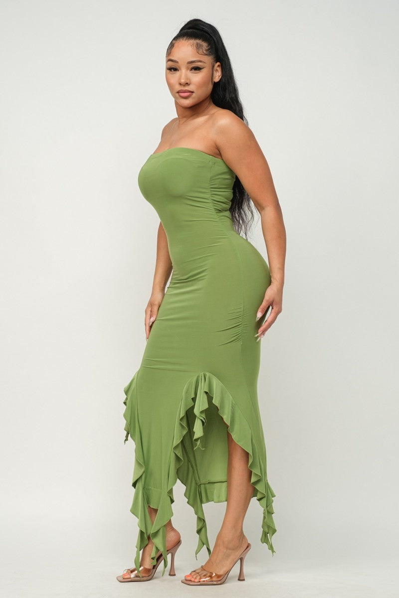 Women's Bodycon Strapless Solid Bottom Ruffle Trim Hem Slit Tube Maxi Club Dress