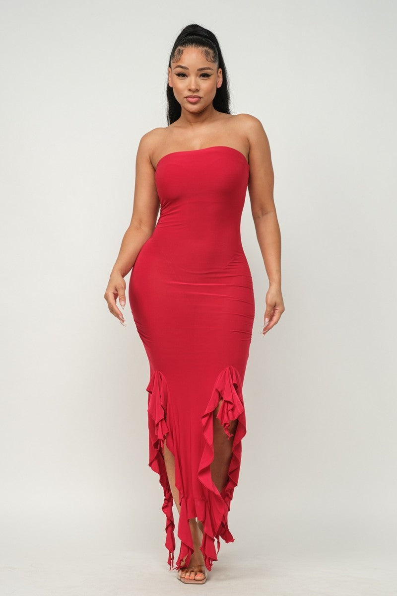 Women's Bodycon Strapless Solid Bottom Ruffle Trim Hem Slit Tube Maxi Club Dress