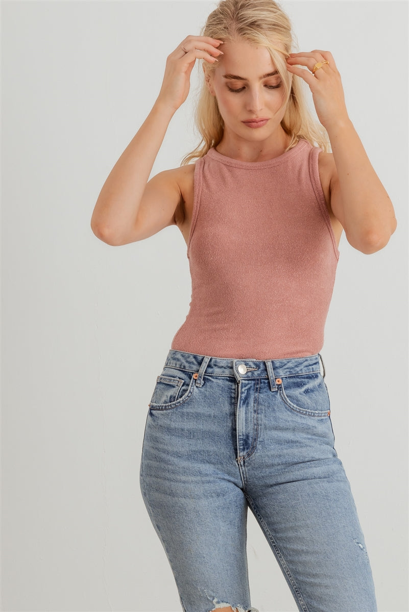 Women's Mauve Knit Sleeveless Bodysuit Semi-stretchy Crew Neck Soft Top
