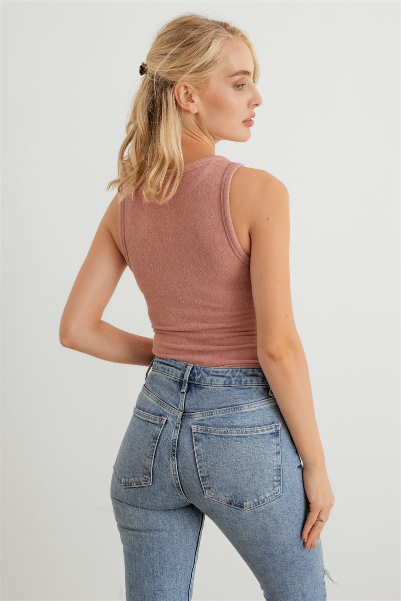 Women's Mauve Knit Sleeveless Bodysuit Semi-stretchy Crew Neck Soft Top