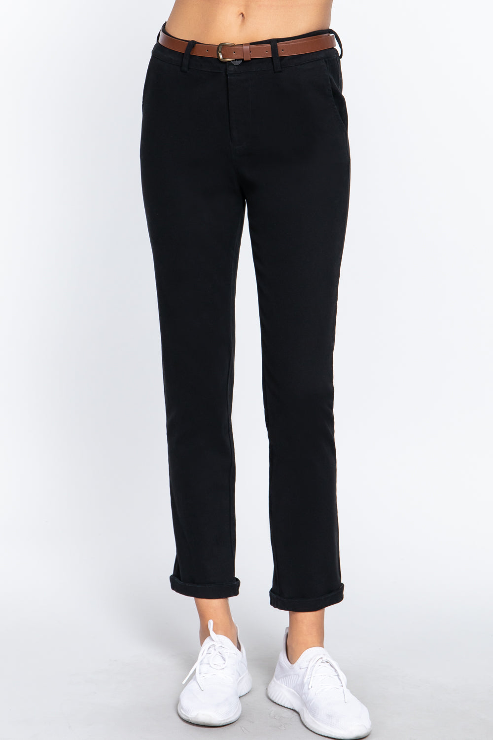Women's Cotton Twill Long Pants with Belt Casual Business Work Slim Fit Solid