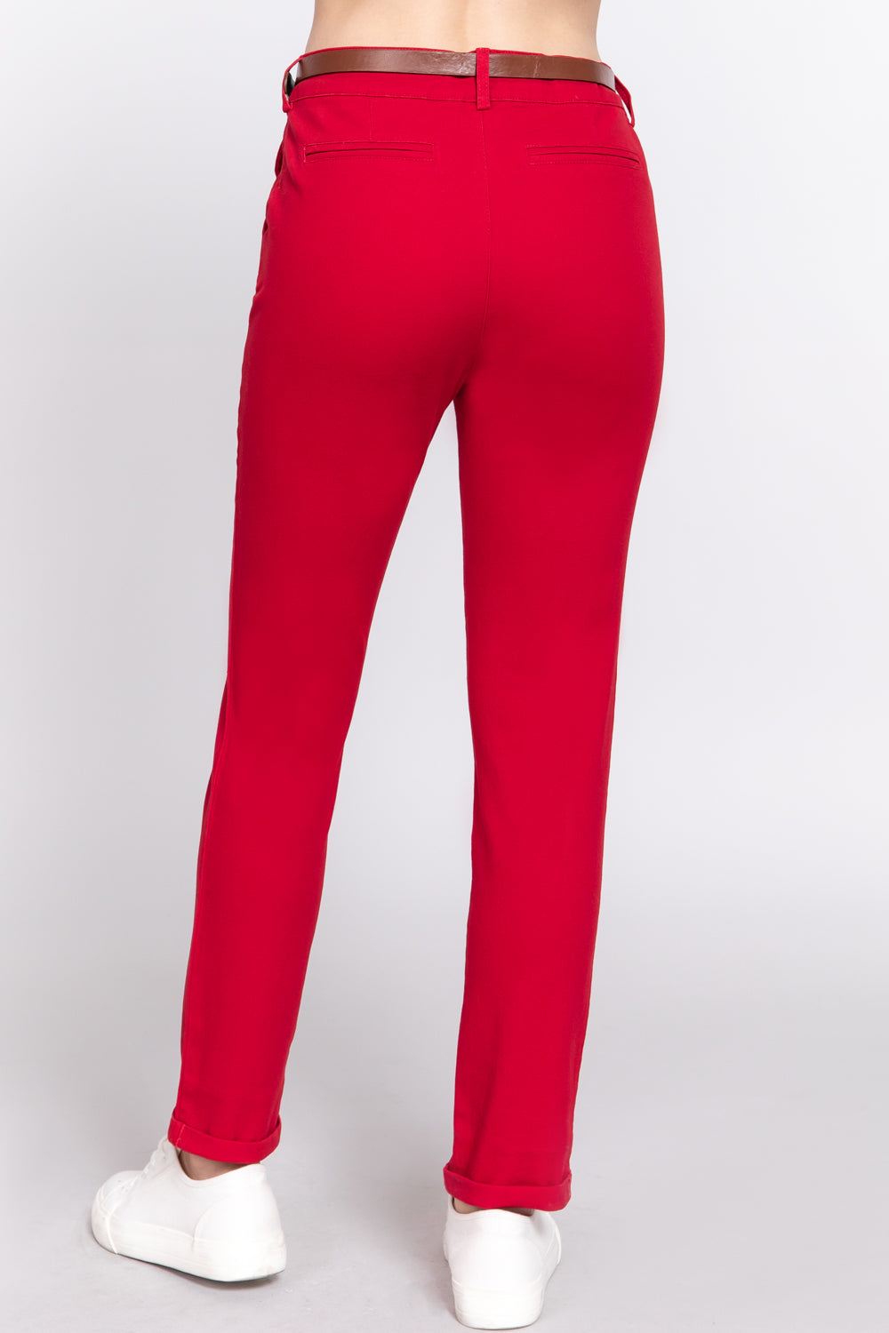 Women's Cotton Twill Long Pants with Belt Casual Business Work Slim Fit Solid