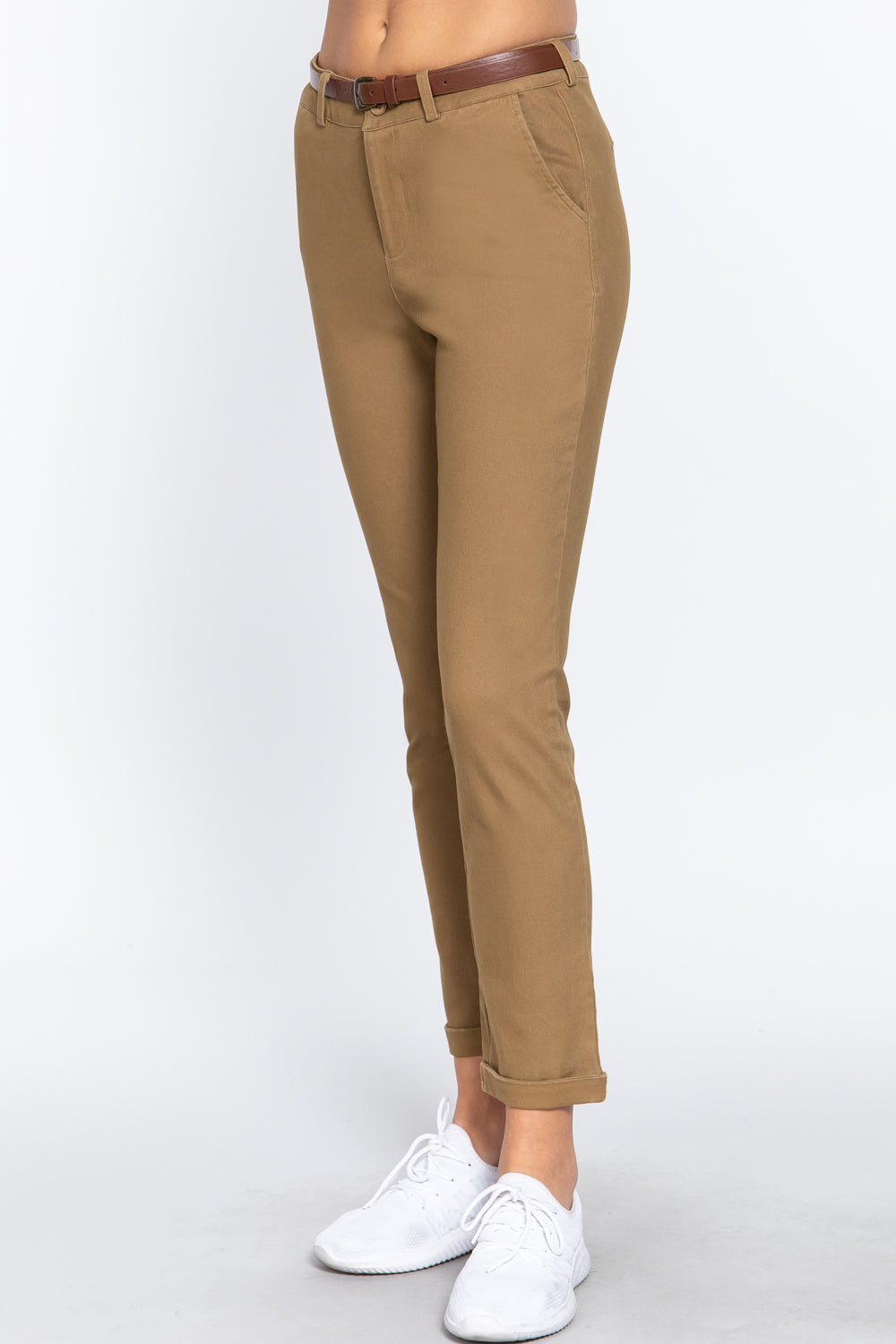 Women's Cotton Twill Long Pants with Belt Casual Business Work Slim Fit Solid