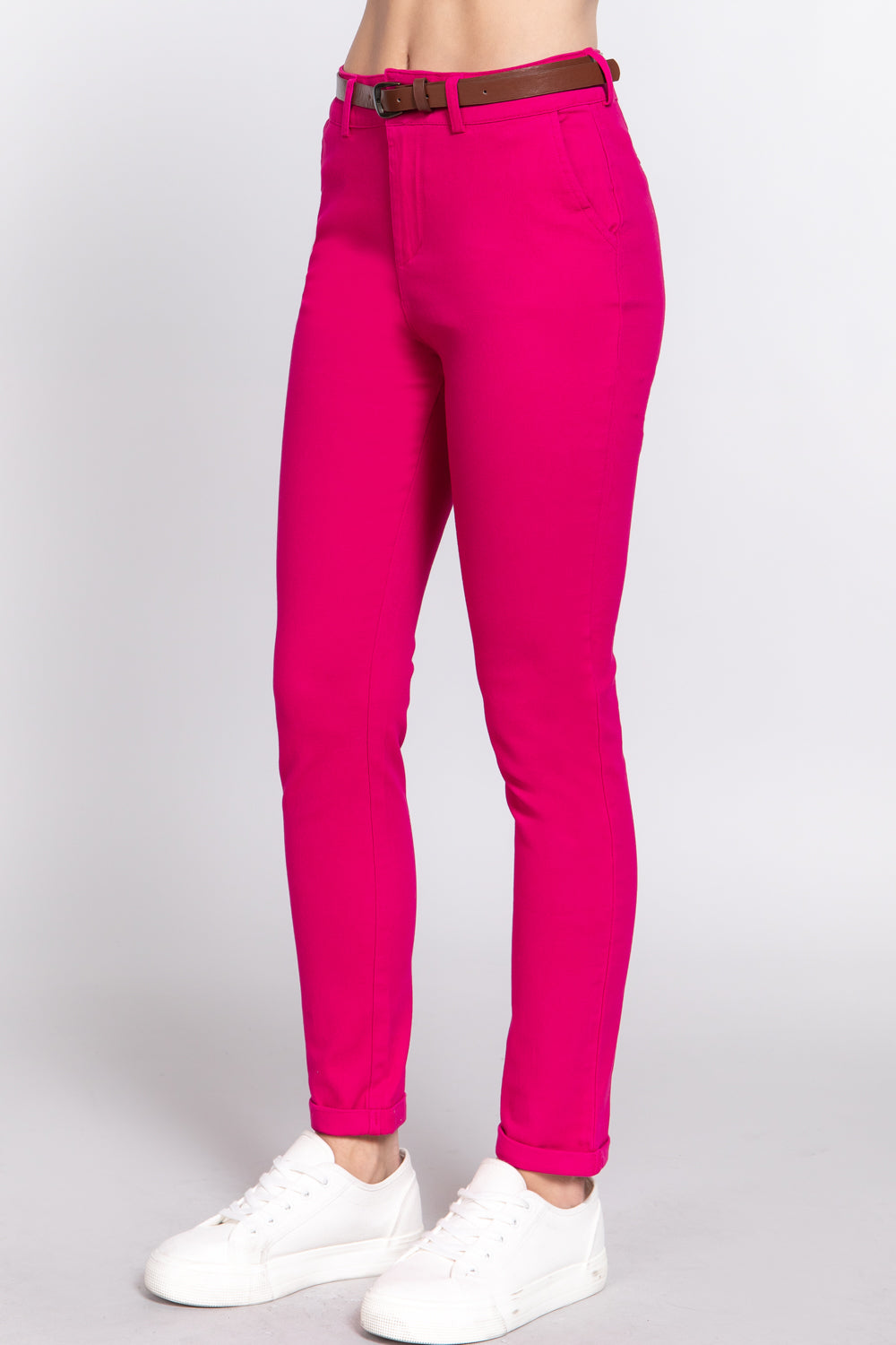 Women's Cotton Twill Long Pants with Belt Casual Business Work Slim Fit Solid