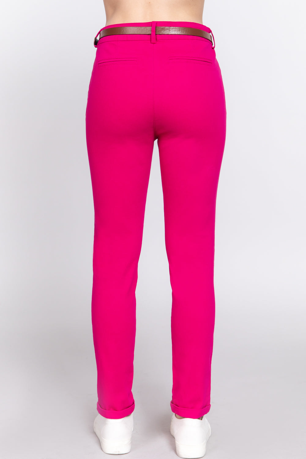 Women's Cotton Twill Long Pants with Belt Casual Business Work Slim Fit Solid