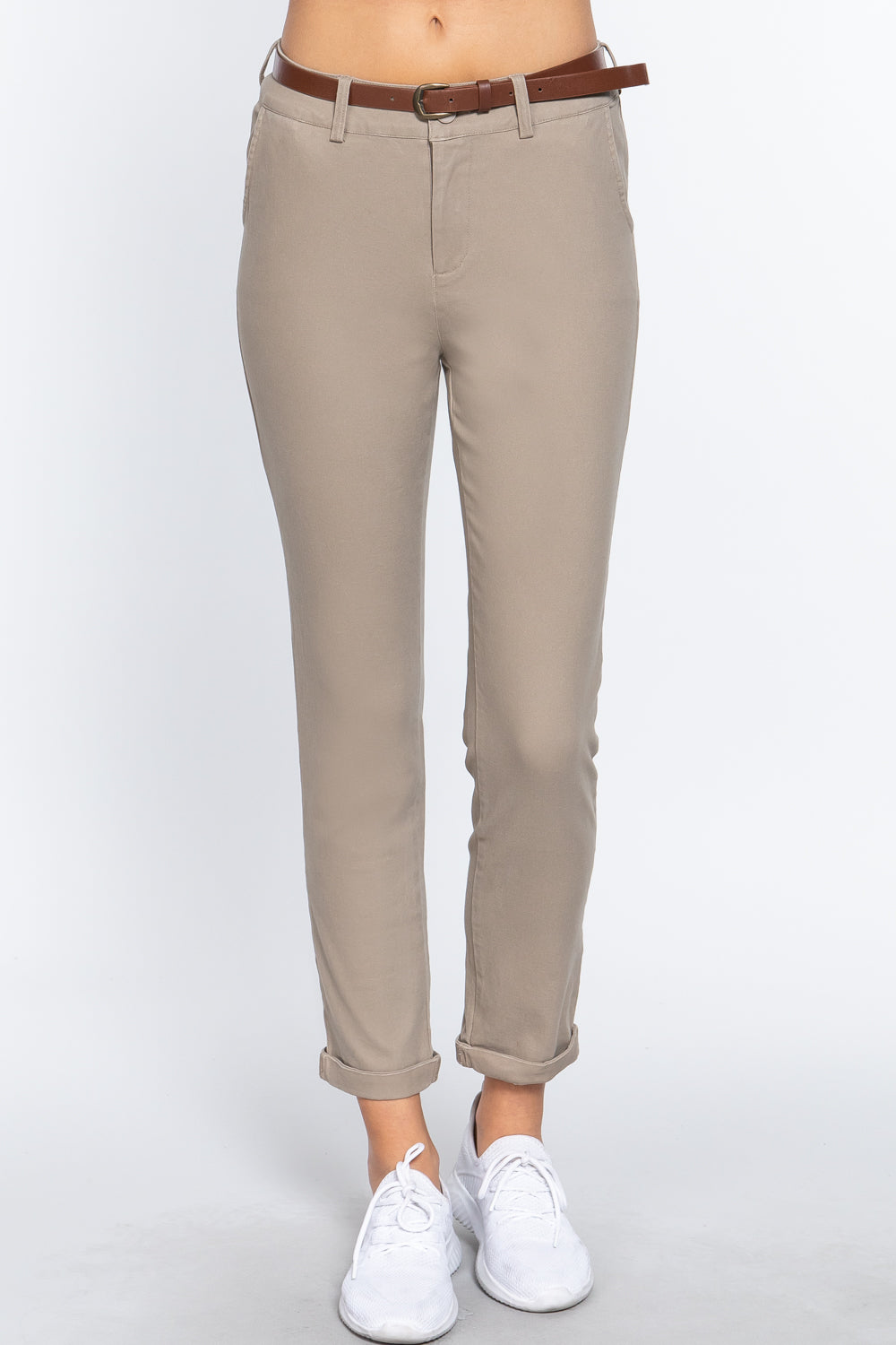 Women's Cotton Twill Long Pants with Belt Casual Business Work Slim Fit Solid