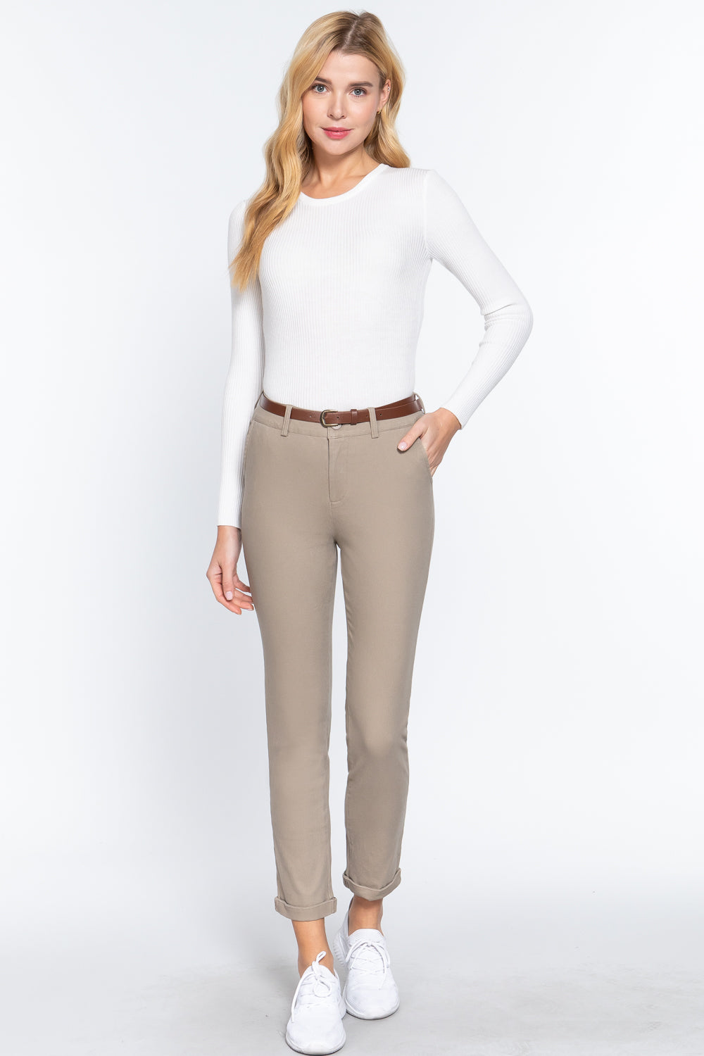 Women's Cotton Twill Long Pants with Belt Casual Business Work Slim Fit Solid