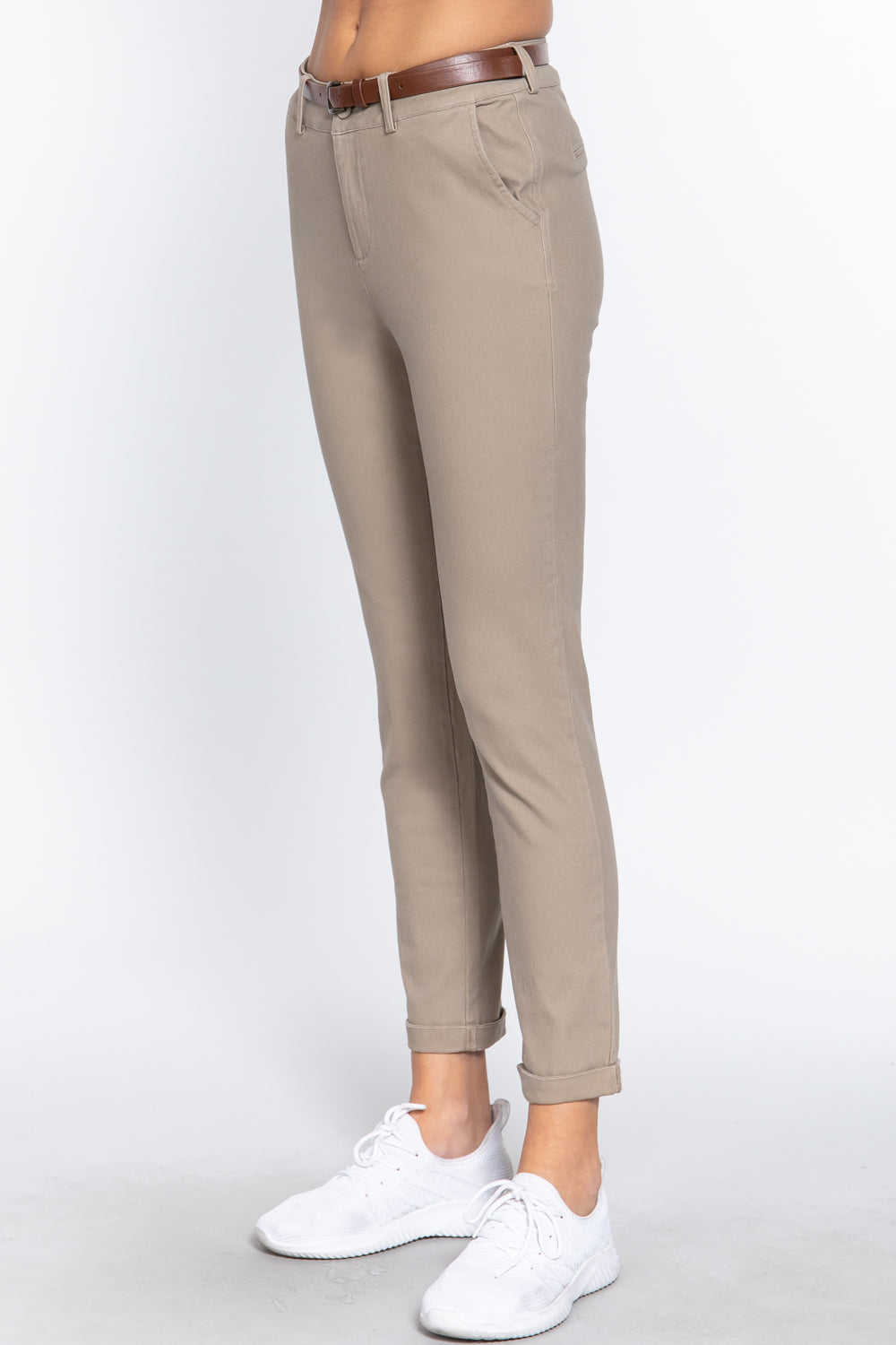 Women's Cotton Twill Long Pants with Belt Casual Business Work Slim Fit Solid