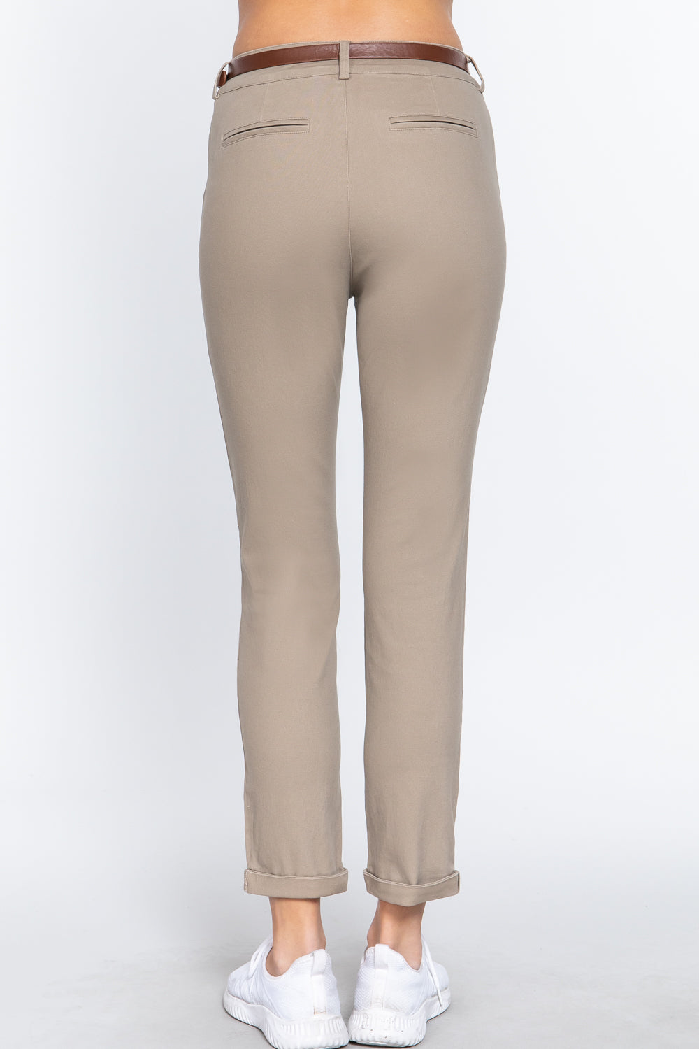 Women's Cotton Twill Long Pants with Belt Casual Business Work Slim Fit Solid