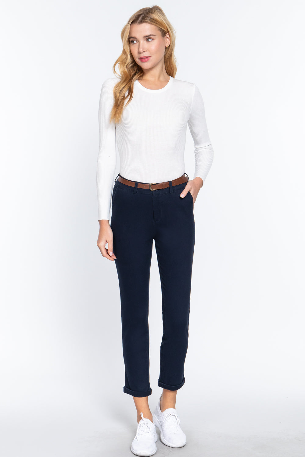 Women's Cotton Twill Long Pants with Belt Casual Business Work Slim Fit Solid