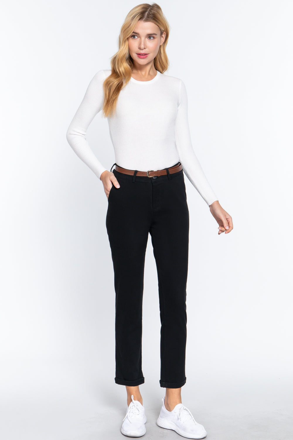 Women's Cotton Twill Long Pants with Belt Casual Business Work Slim Fit Solid