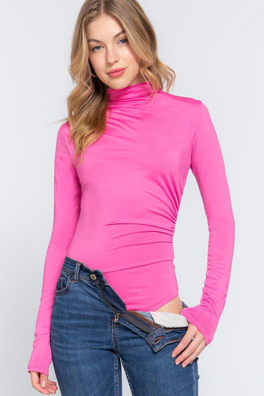 Women's Long Sleeve High Neck Shirring Ity Knit Bodysuit - Pink