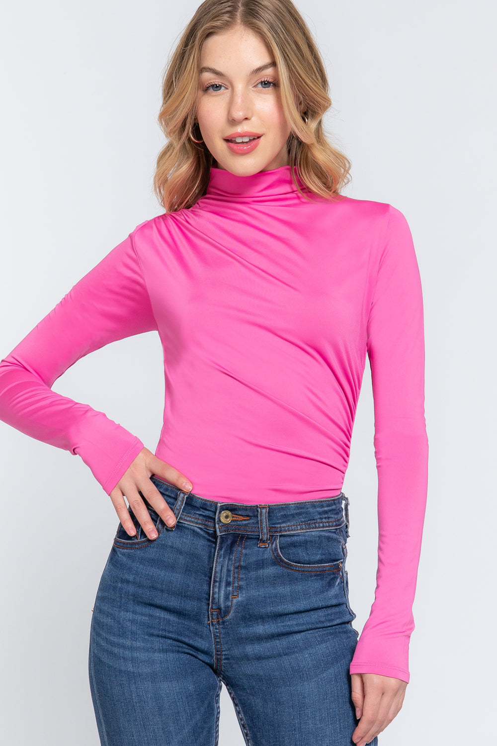 Women's Long Sleeve High Neck Shirring Ity Knit Bodysuit - Pink