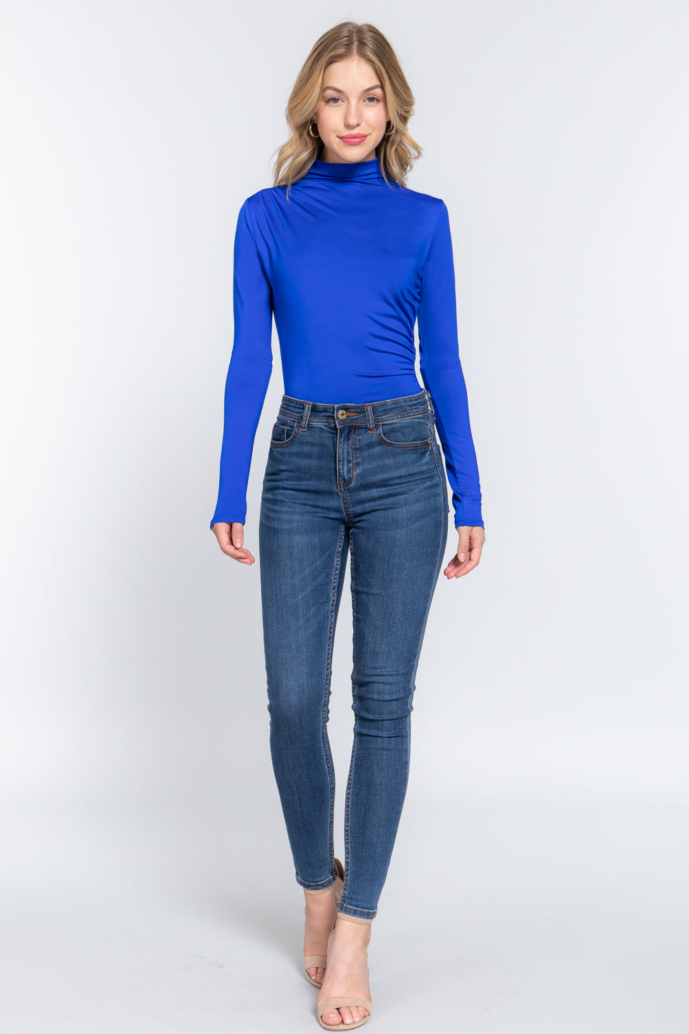 Women's Long Sleeve High Neck Shirring Ity Knit Bodysuit - Royal Blue