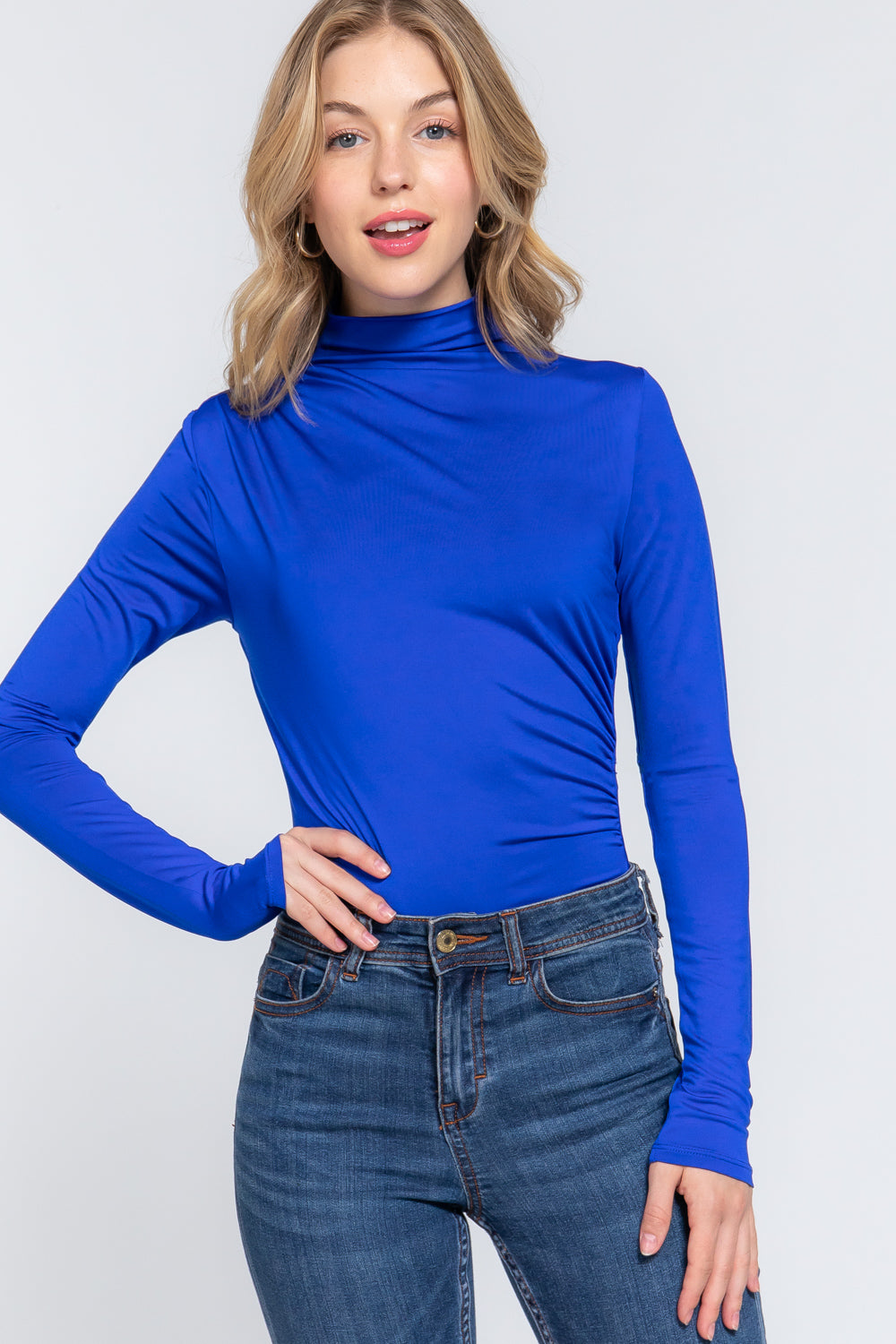 Women's Long Sleeve High Neck Shirring Ity Knit Bodysuit - Royal Blue
