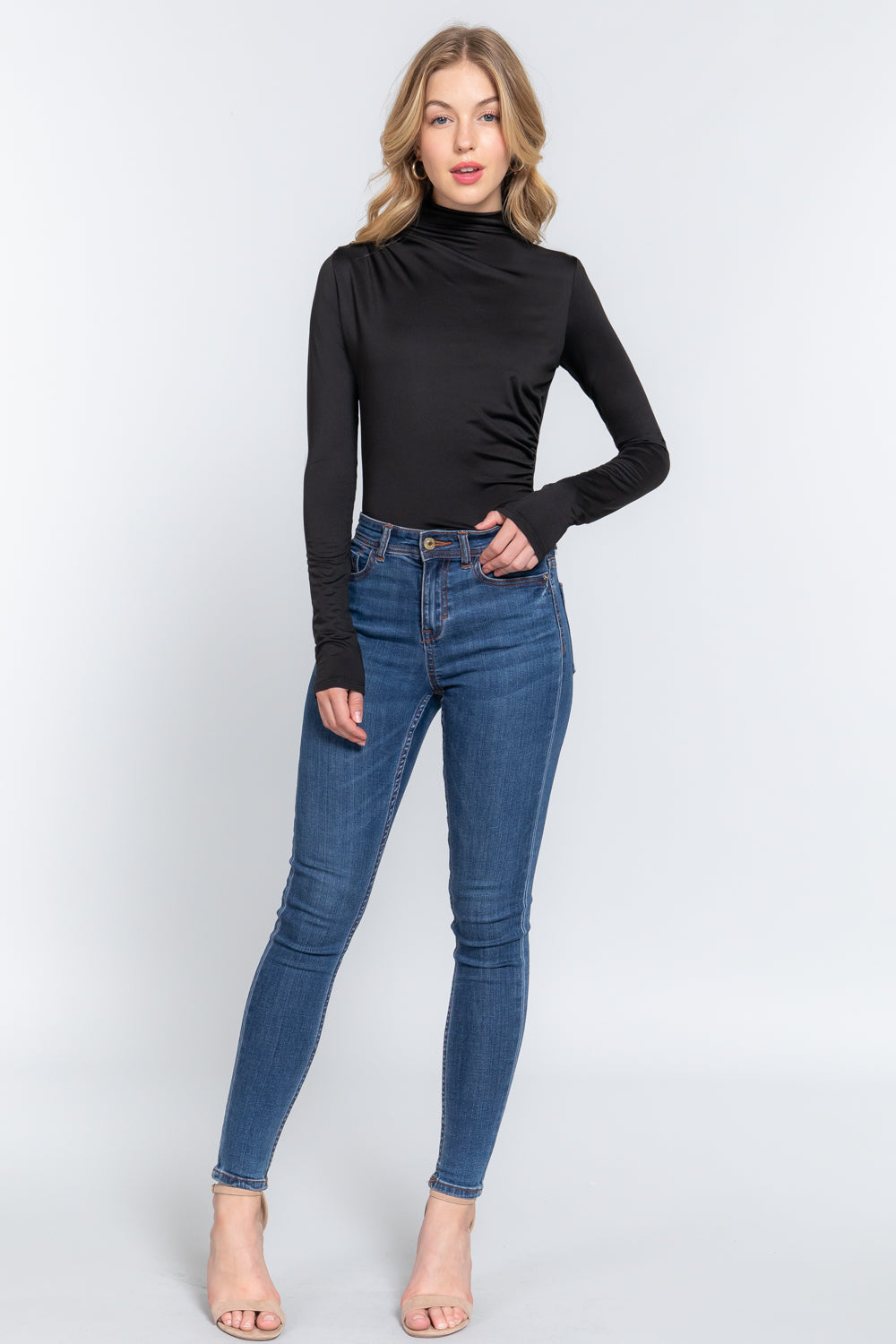 Women's Long Sleeve High Neck Shirring Ity Knit Bodysuit - Black