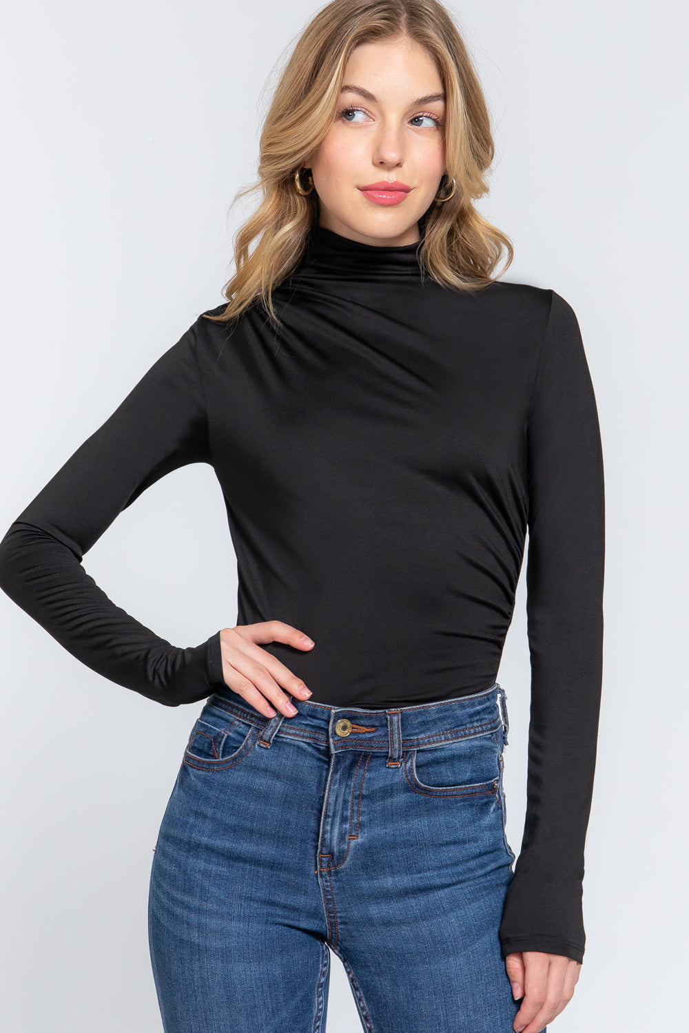 Women's Long Sleeve High Neck Shirring Ity Knit Bodysuit - Black