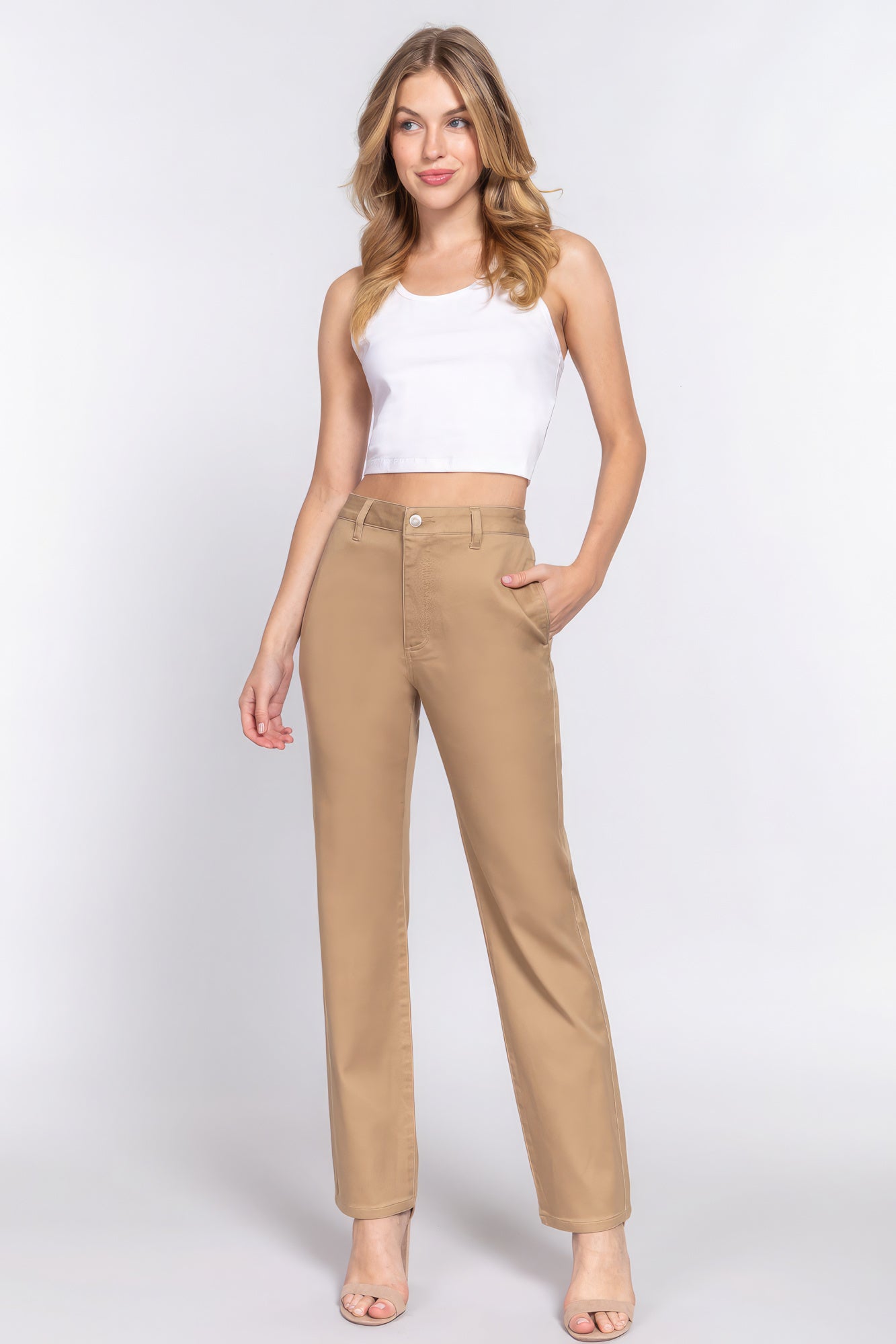 Women's Cotton Twill Long Pants Straight Leg Fit Casual Business Work Solid