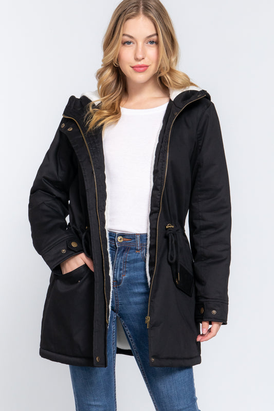 Women's Button Down With Zipper Fleece Lined Fur Hoodie Utility Jacket - Black